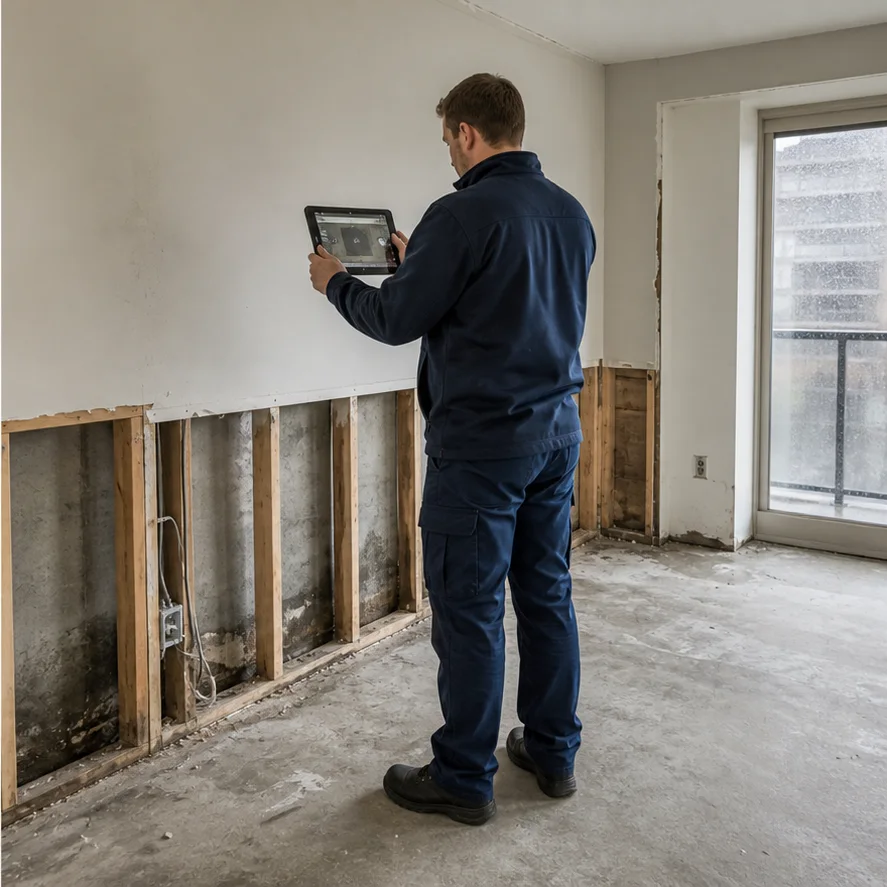 Restoration technician documenting exposed wall conditions with a tablet