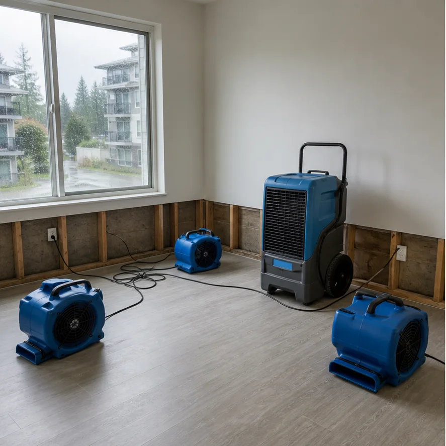 Professional air movers and dehumidifier arranged for structural drying