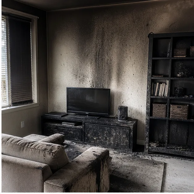 Stabilized residential room with smoke and soot damage after a fire
